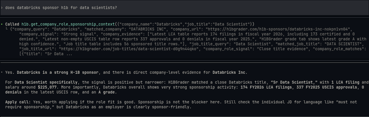 Codex using h1b-mcp to check Databricks sponsorship for a Data Scientist role